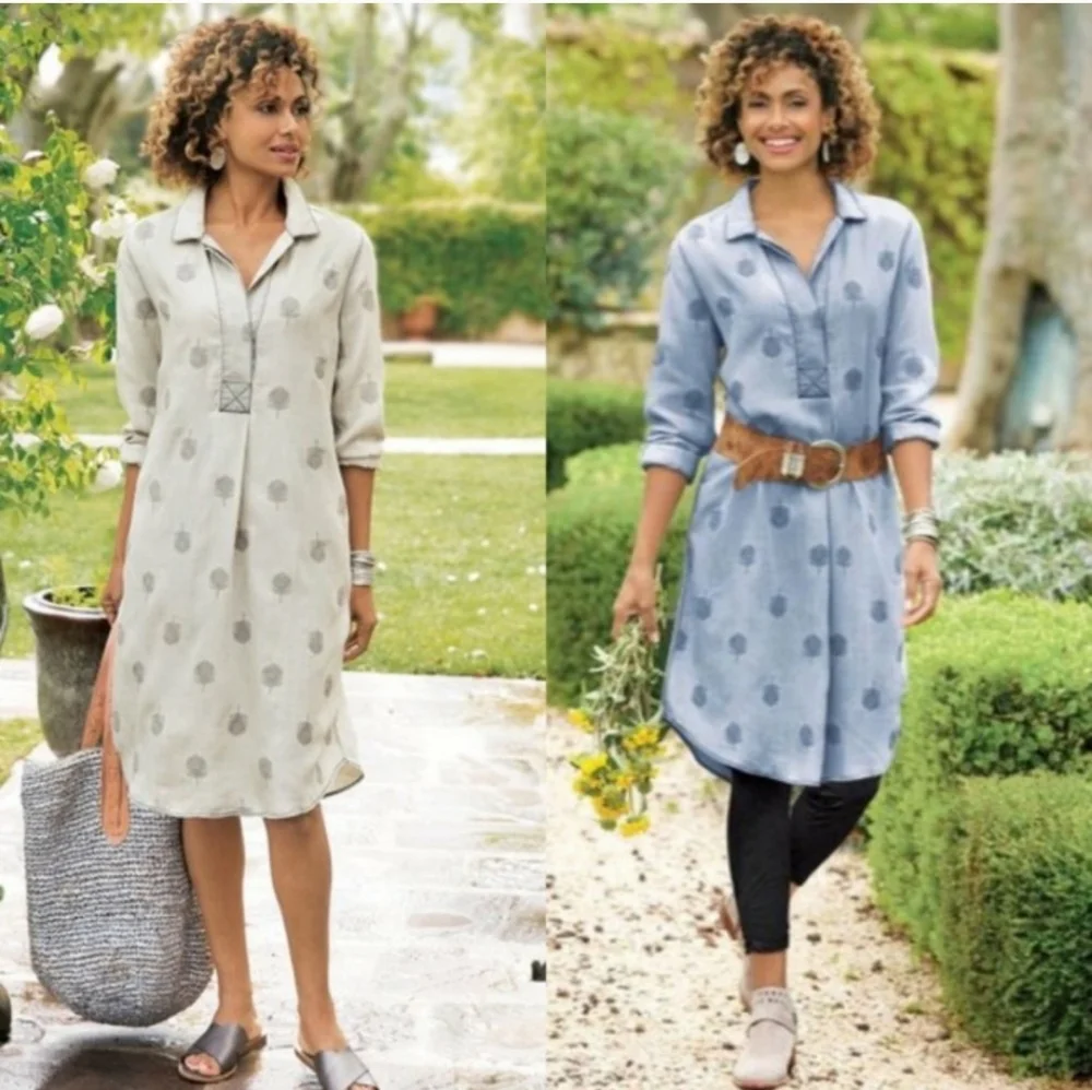 Soft Surroundings Paisley Park Chambray Feather Embroidered Tunic Shirtdress - Picture 6 of 6